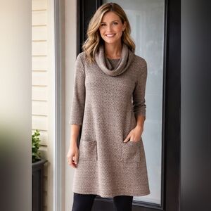 NorthStyle Cowl Neck Sweater Dress Size L 3/4 Sleeves Patch Pockets Light Brown